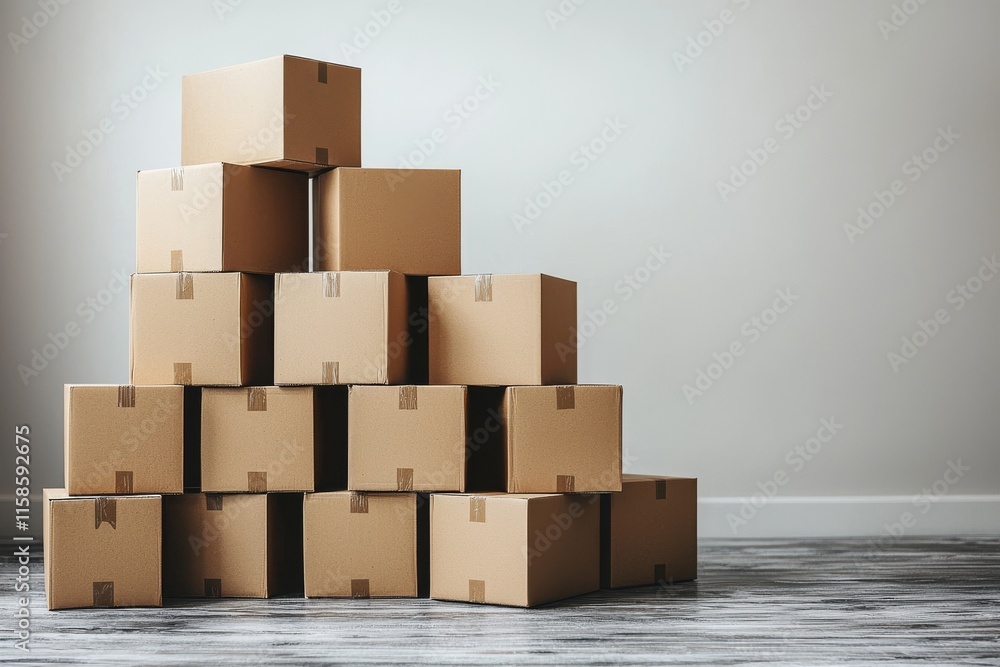 A plain backdrop features three vertically arranged cardboard boxes. A plain backdrop features three vertically arranged cardboard boxes.