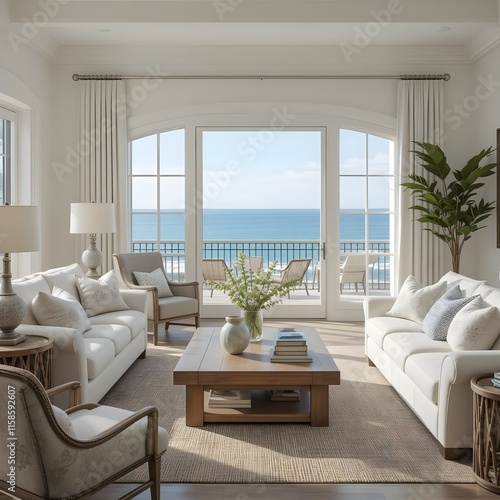 modern living room and background is ocean view, designing a Modern Living Room with an Ocean View, Merging Style and Nature, 