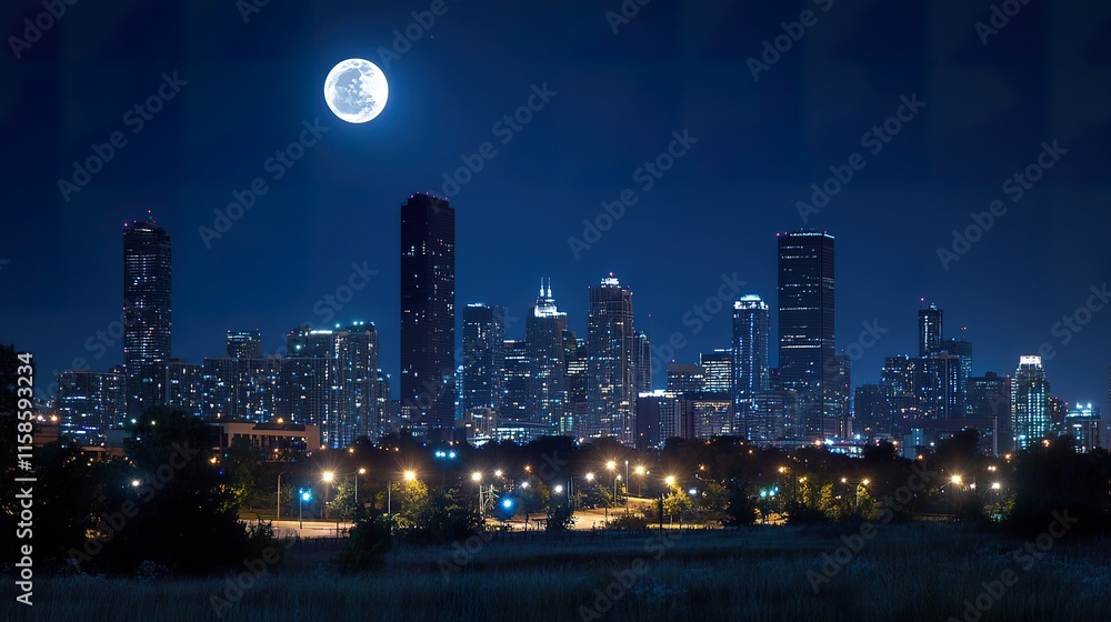 Fototapeta premium A stunning city skyline illuminated by moonlight, showcasing modern buildings against a deep blue night sky.