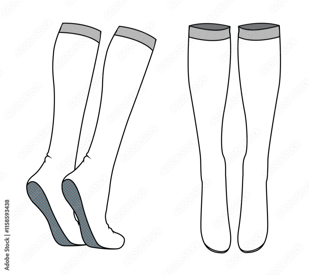 Football socks front and back view technical flat sketch vector mockup template. Football socks front and back view technical flat sketch vector mockup template.