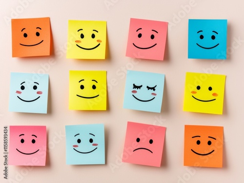 Numerous sticky notes displaying a range of emotions, both sad and happy, illustrating a survey concept. photo