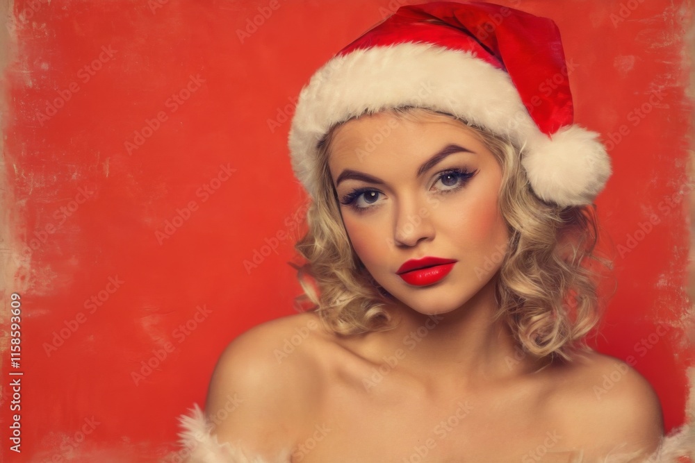 Young woman in Santa hat with serious expression, red and white colors, vintage style on grungy red background. Young woman in Santa hat with serious expression, red and white colors, vintage style on grungy red background.