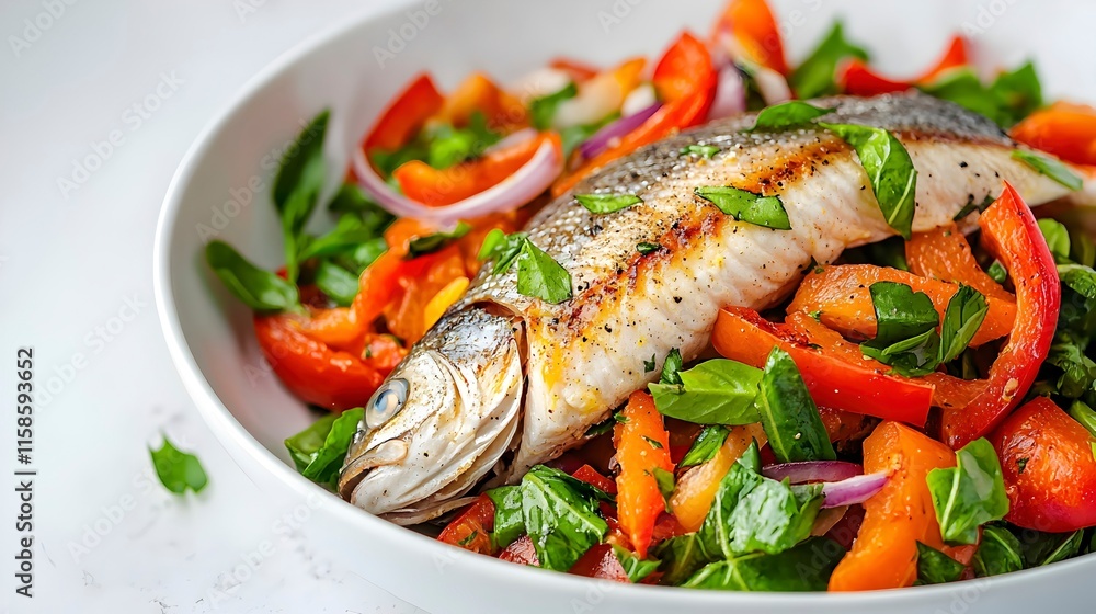 Fresh Grilled Fish with Colorful Vegetable Salad Fresh Grilled Fish with Colorful Vegetable Salad