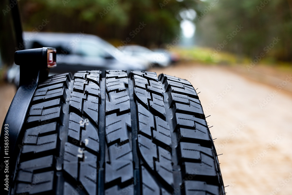 Deep tread of a new off road tire mounted on the rear door of an off-road vehicle. The photo was taken during the day.