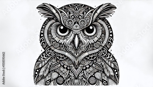 A detailed black and white illustration of an owl featuring intricate patterns, bold lines, and an intense stare, showcasing expressive artistic style and fine detailing. Generative AI. photo