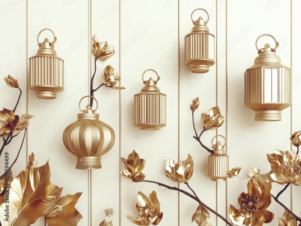 Obraz premium Chinese New Year Golden lanterns and flowers on a light wall.