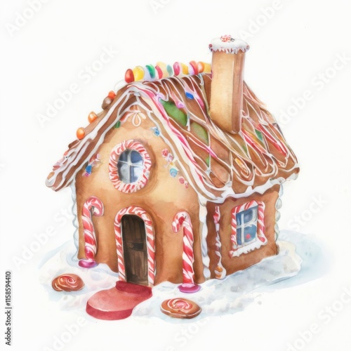 Gingerbread House Illustration with Colorful Icing and Candy Canes in a Festive Winter Scene