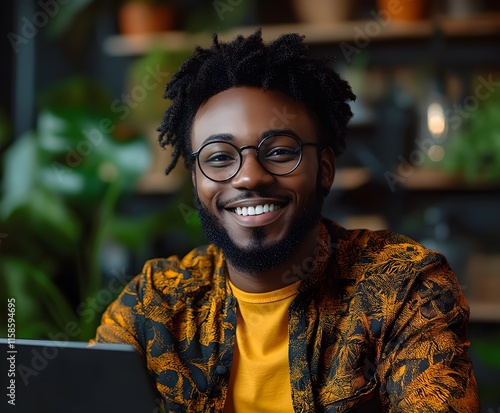 Smiling man with glasses and laptop working outdoors, enjoying happiness and youth jn cafe  photo