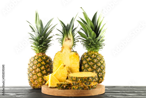 Canvastavla Whole and cut ripe pineapples on wooden table against white background