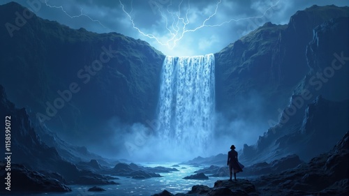 Explorer observing majestic waterfall with lightning striking during stormy night photo