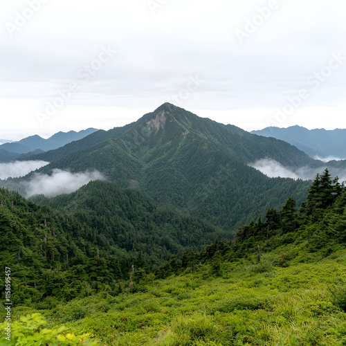 Majestic mountain peak surrounded by lush green valleys