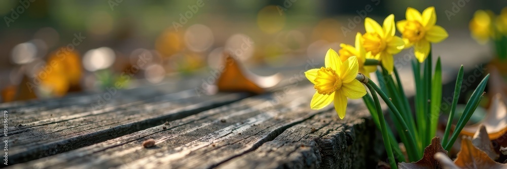 Daffodils grow in cracks of worn wooden boards, boards, earthy, floral Daffodils grow in cracks of worn wooden boards, boards, earthy, floral