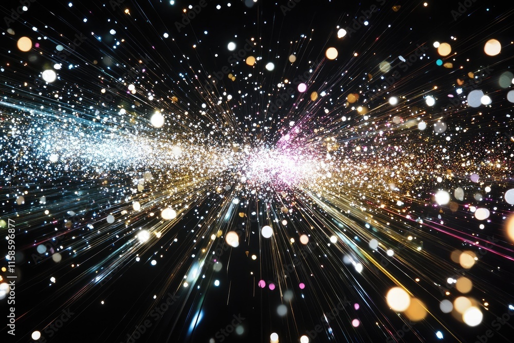 Fototapeta premium On black background, many light particles and prisms emit glow in various directions, showing white and rainbow reflections.