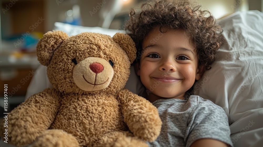 A healthcare worker stands with a child cancer patient who is holding a teddy bear A healthcare worker stands with a child cancer patient who is holding a teddy bear