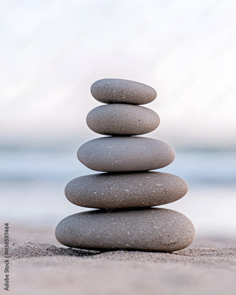 Tranquil stack of smooth stones on a sandy beach Tranquil stack of smooth stones on a sandy beach