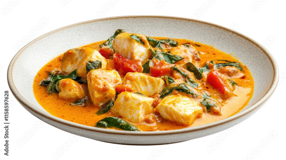 plate of fish curry, tangy and spicy, featuring tender fish pieces, fresh spinach, and tomatoes in rich coconut milk sauce. Perfect for flavorful meal plate of fish curry, tangy and spicy, featuring tender fish pieces, fresh spinach, and tomatoes in rich coconut milk sauce. Perfect for flavorful meal
