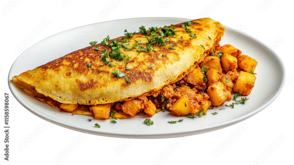 Crispy rice crepe filled with spiced potatoes and herbs, served on white plate. This delicious dish is popular choice for breakfast or snack, showcasing vibrant flavors Crispy rice crepe filled with spiced potatoes and herbs, served on white plate. This delicious dish is popular choice for breakfast or snack, showcasing vibrant flavors