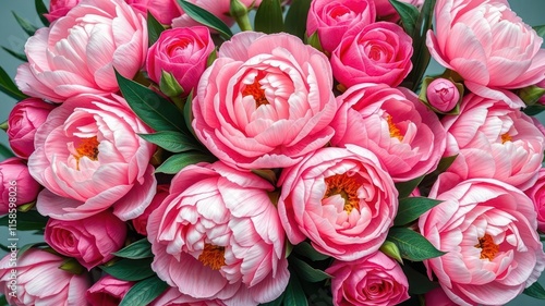 Fototapeta Naklejka Na Ścianę i Meble -  A vibrant arrangement of pink peonies and roses with blank space for text overlay, fresh, copy space