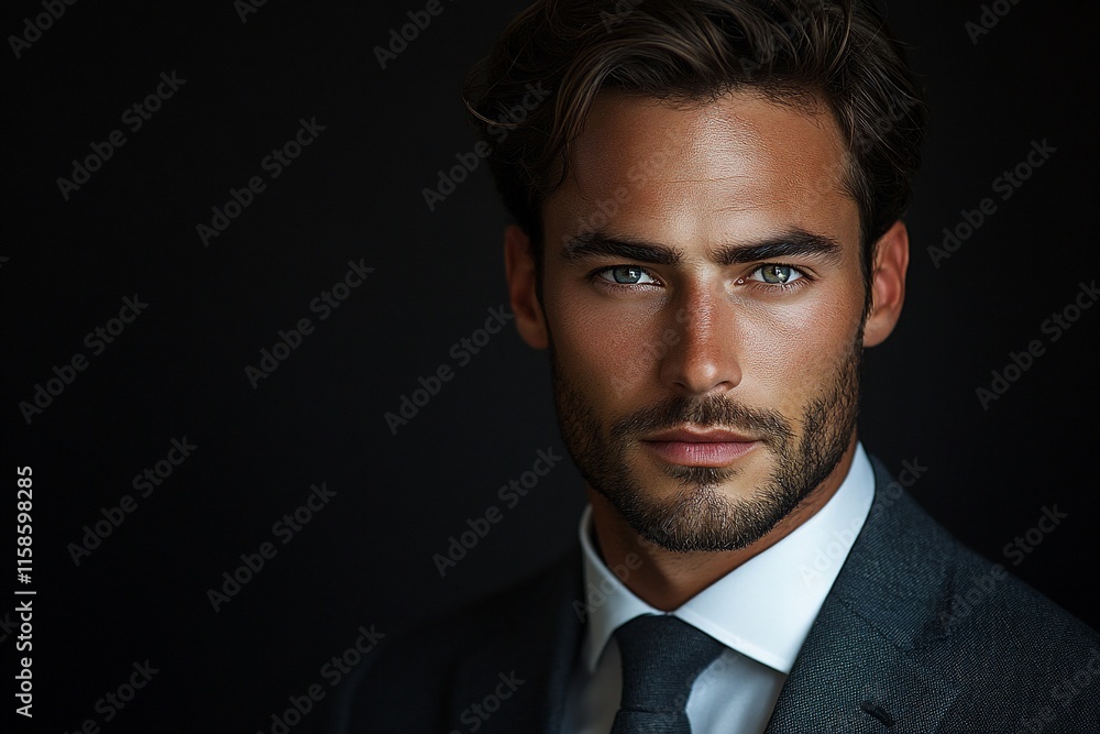 Close-up portrait of a handsome man in a suit against a dark background. Close-up portrait of a handsome man in a suit against a dark background.