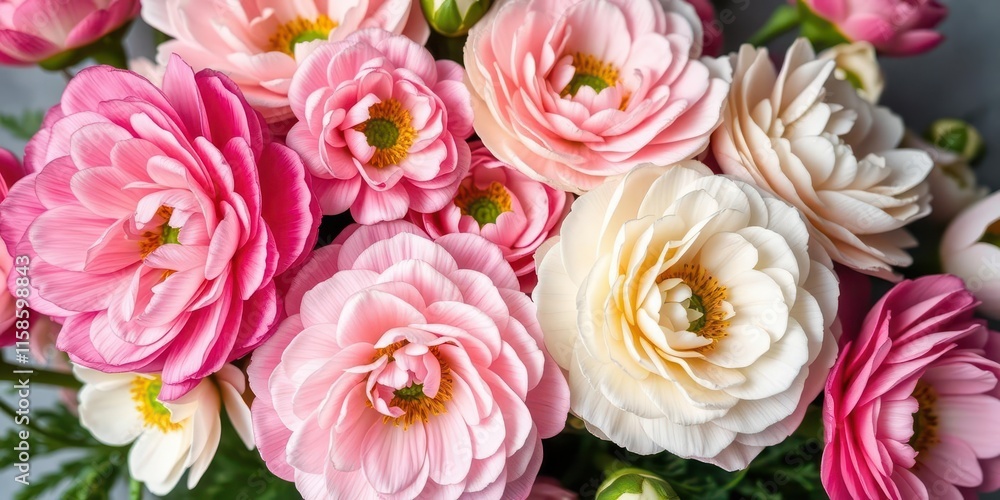 A beautiful arrangement of pink and white ranunculus flowers in full bloom, white, blooming A beautiful arrangement of pink and white ranunculus flowers in full bloom, white, blooming