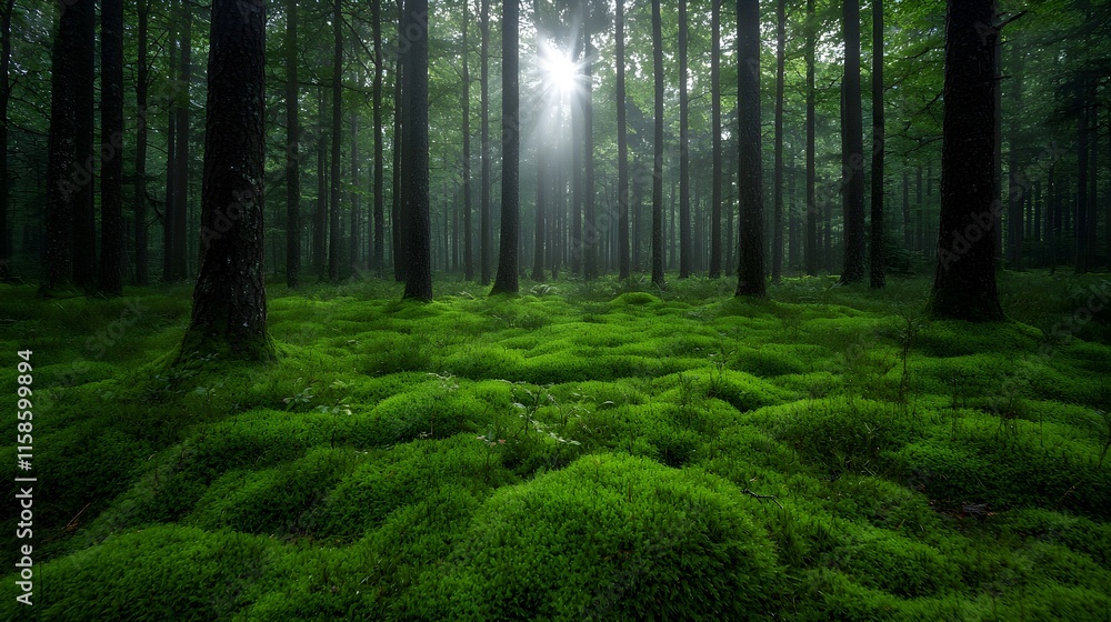 Obraz premium Sunlight filtering through a serene forest landscape