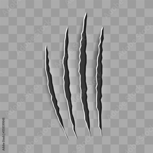 Cat scratch icon. Realistic black animal claw mark isolated on transparent background. Dog or bear flat scratch marks. Cracks from scratches of animal claws. Vector illustration.