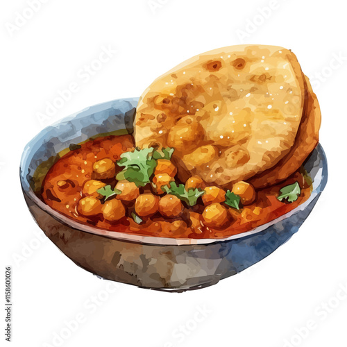 A watercolor vector painting of Indian chole bhature with chickpeas and fried bread, isolated on a white background. Indian dish vector.

