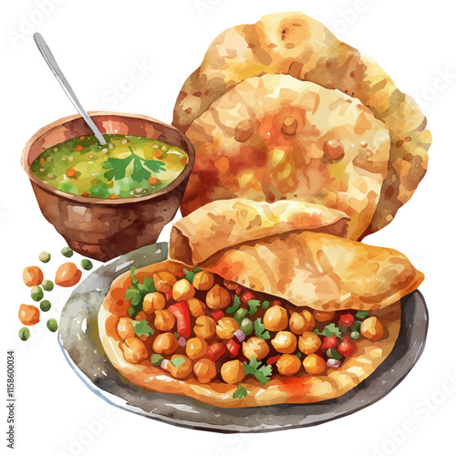 A watercolor vector painting of Indian chole bhature with chickpeas and fried bread, isolated on a white background. Indian dish vector.

