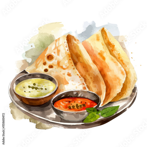 A watercolor vector painting of Indian dosa with coconut chutney and sambar, isolated on a white background. Indian dish vector.

