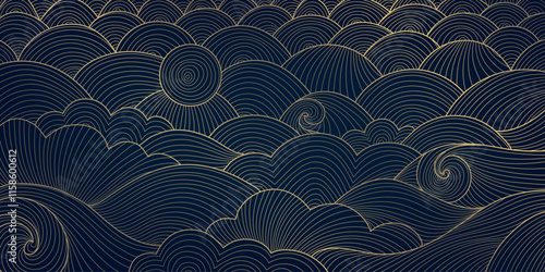 Vector wave japanese sea pattern, ocean vintage oriental view, asian nature ornament