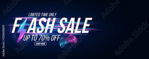 Flash gaming sale banner design. Shopping cover with flash icon and gamepad with abstract moving laser beams on dark background. Vector illustration. EPS 10