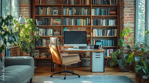 Home office with computer, bookshelves, plants, and leather chair in a sunlit room. photo