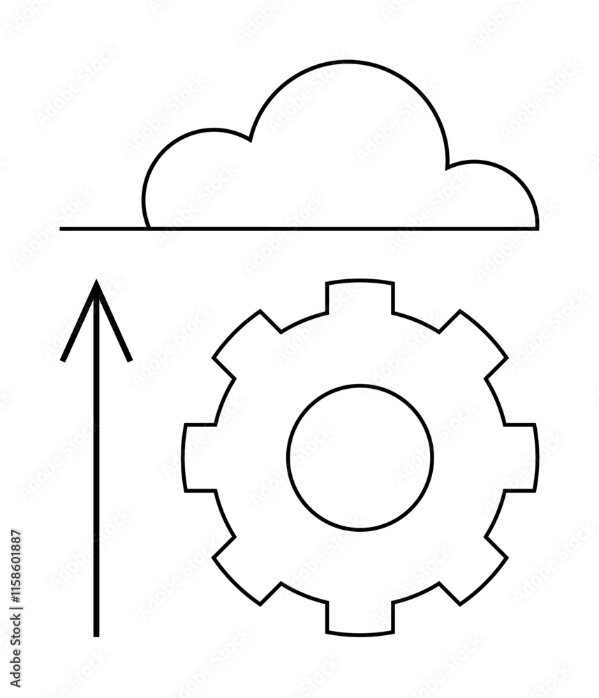 Cloud with line, upward arrow, and cogwheel gear suggesting cloud technology, data upload, and system integration. Ideal for cloud computing, IT services, technology, networking data Cloud with line, upward arrow, and cogwheel gear suggesting cloud technology, data upload, and system integration. Ideal for cloud computing, IT services, technology, networking data