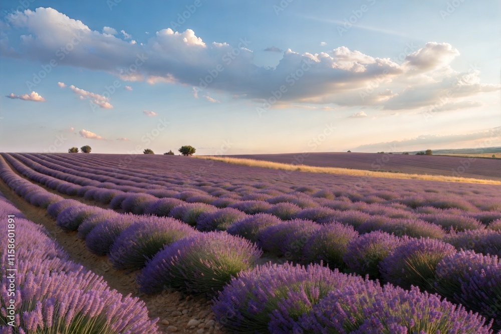 Lavender field in full bloom on a sunny day. Rows of lavender plants. Lavender field in full bloom on a sunny day. Rows of lavender plants.