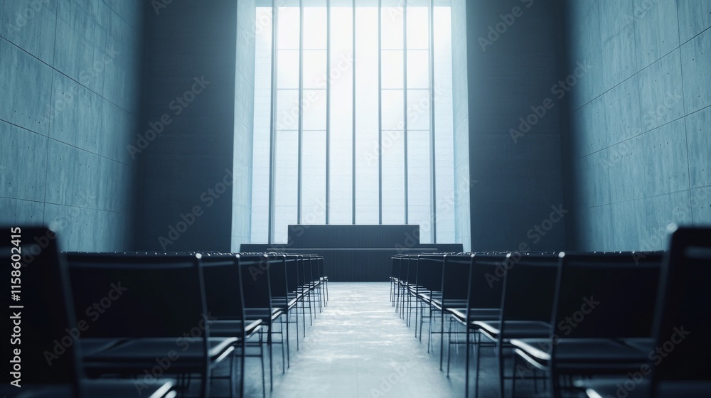 Obraz premium Corporate bankruptcy hearing room filled with solemn atmosphere, legal professionals and stakeholders discussing financial restructuring and future prospects.