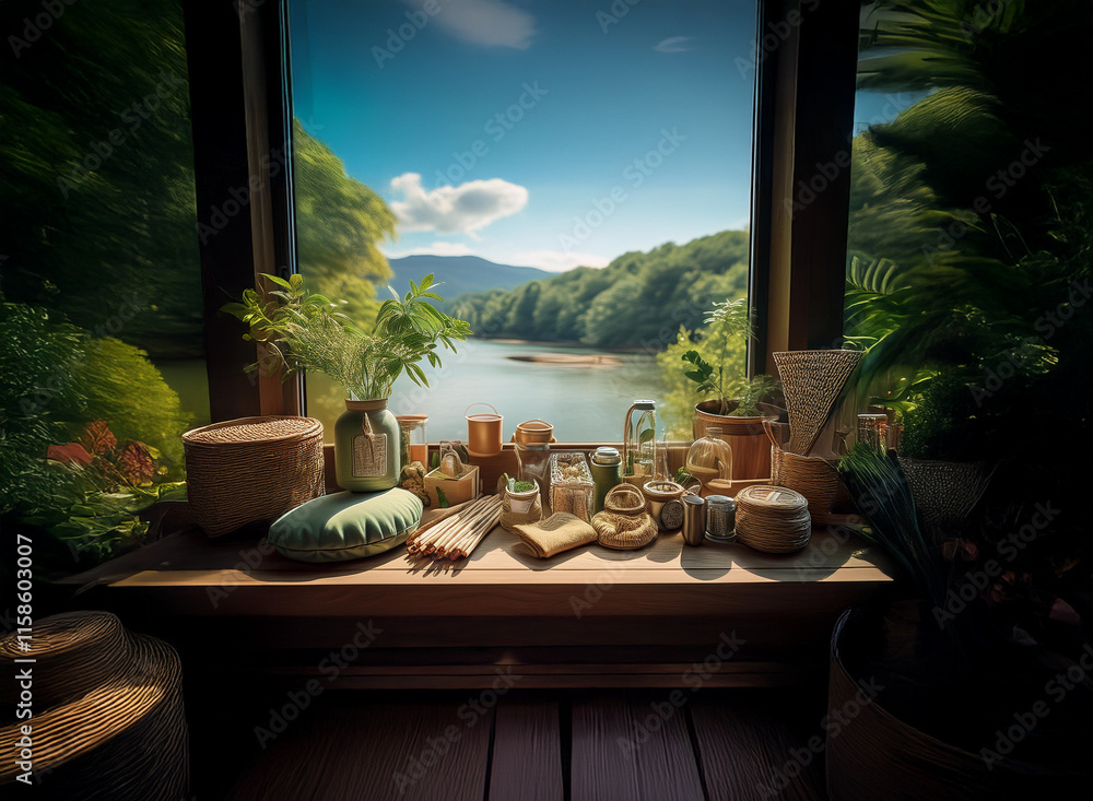 Fototapeta premium Serene lakeside view framed by a window, showcasing a collection of rustic, handcrafted items on a wooden sill. Natural light illuminates the peaceful scene.
