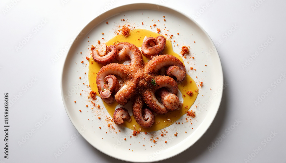 Pulpo a la gallega in vibrant style in yellow and red colors with copy space Pulpo a la gallega in vibrant style in yellow and red colors with copy space