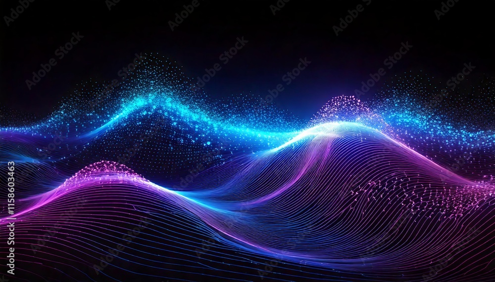 Dynamic image of flowing waves made of thousands of tiny glowing particles in gradient shades of blue and purple, futuristic motion design Dynamic image of flowing waves made of thousands of tiny glowing particles in gradient shades of blue and purple, futuristic motion design