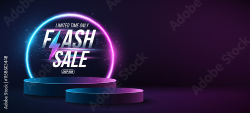 Abstract podium with sparkling glowing neon arc for Flash Sale. Pedestal to display your brand product. Business template design. Vector illustration. EPS 10