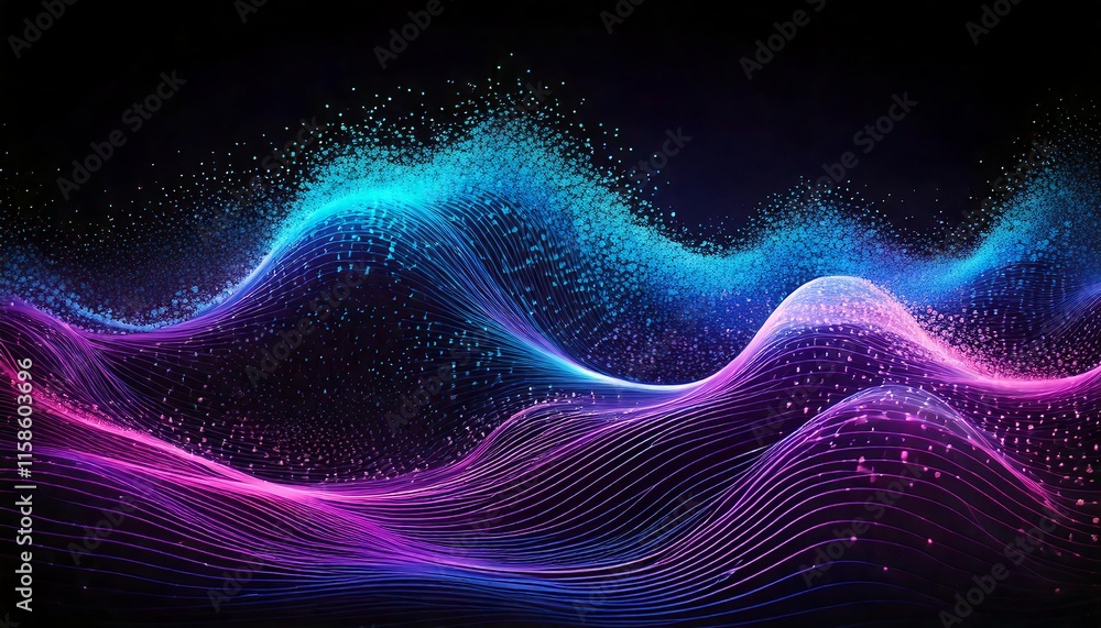 Dynamic image of flowing waves made of thousands of tiny glowing particles in gradient shades of blue and purple, futuristic motion design Dynamic image of flowing waves made of thousands of tiny glowing particles in gradient shades of blue and purple, futuristic motion design