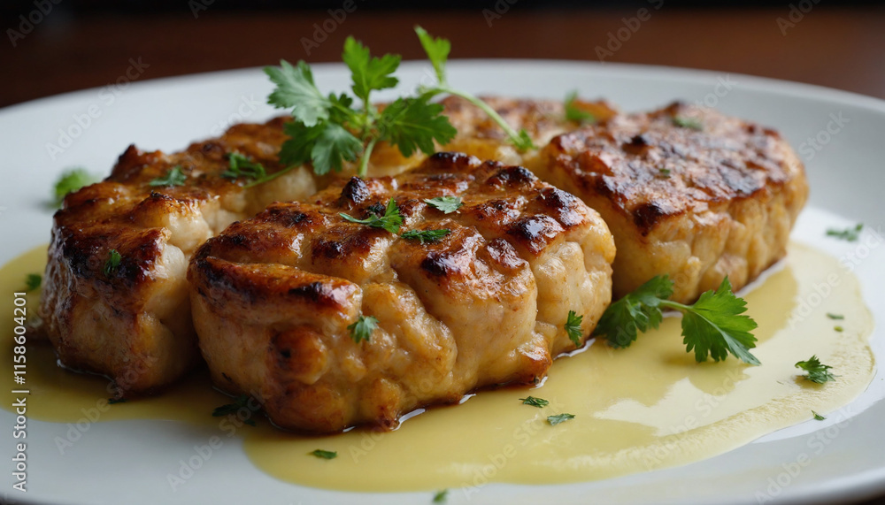 Grilled Crocodile meat in a gourmet style in golden colors with copy space Grilled Crocodile meat in a gourmet style in golden colors with copy space