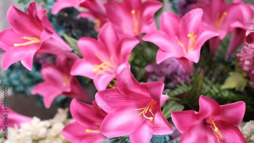 A bouquet of pink flowers with green stems. The flowers are arranged in a vase and are the main focus of the image. Scene is cheerful and bright