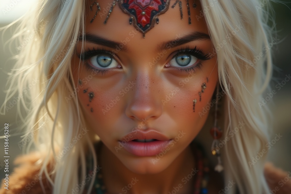 Fototapeta premium Close-up Portrait of a Young Woman with Tribal Makeup