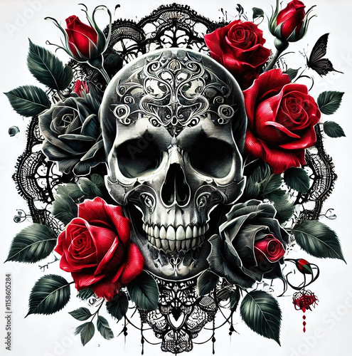 Artwork of a skull surrounded by gothic-style red and black roses with intricate lace detailing in white background. Generative AI.