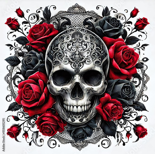 Artwork of a skull surrounded by gothic-style red and black roses with intricate lace detailing in white background. Generative AI.