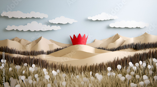 Paper craft art of a landscape with a red crown in the middle. photo