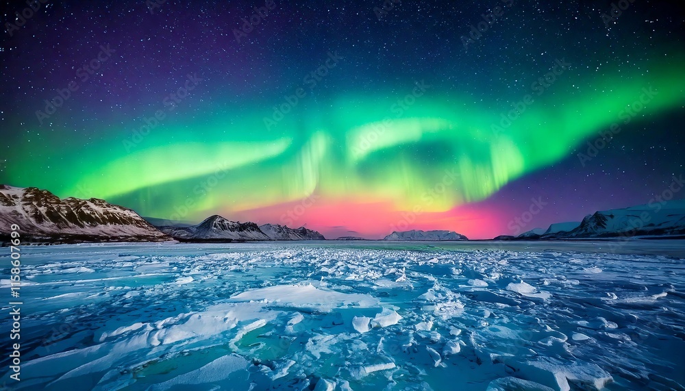 Naklejka premium Serene Arctic landscape with a luminous aurora borealis casting shades of green and pink across a snowy tundra, peaceful night sky, and icy reflections