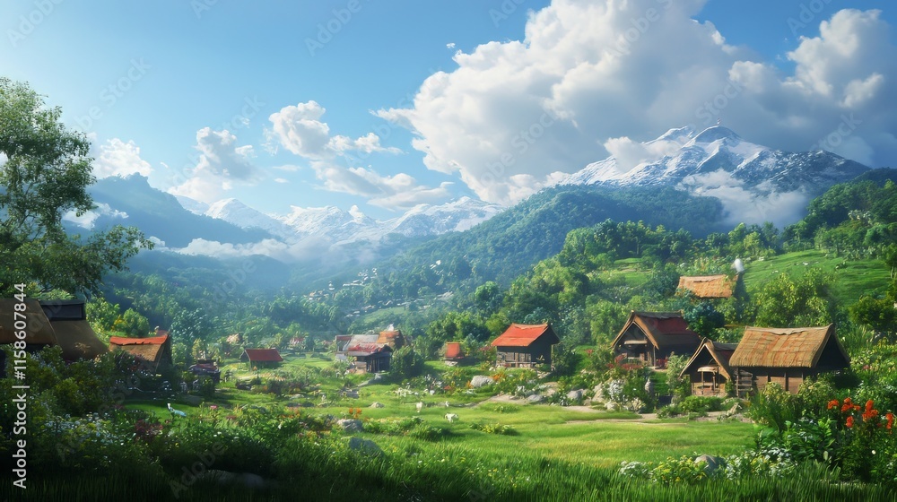 A village with beautiful scenery during the day A village with beautiful scenery during the day