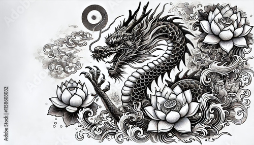 Japanese style tattoo designs, brutal, dragon, combined with water patterns, lotus flowers, tattoos. Generative AI.