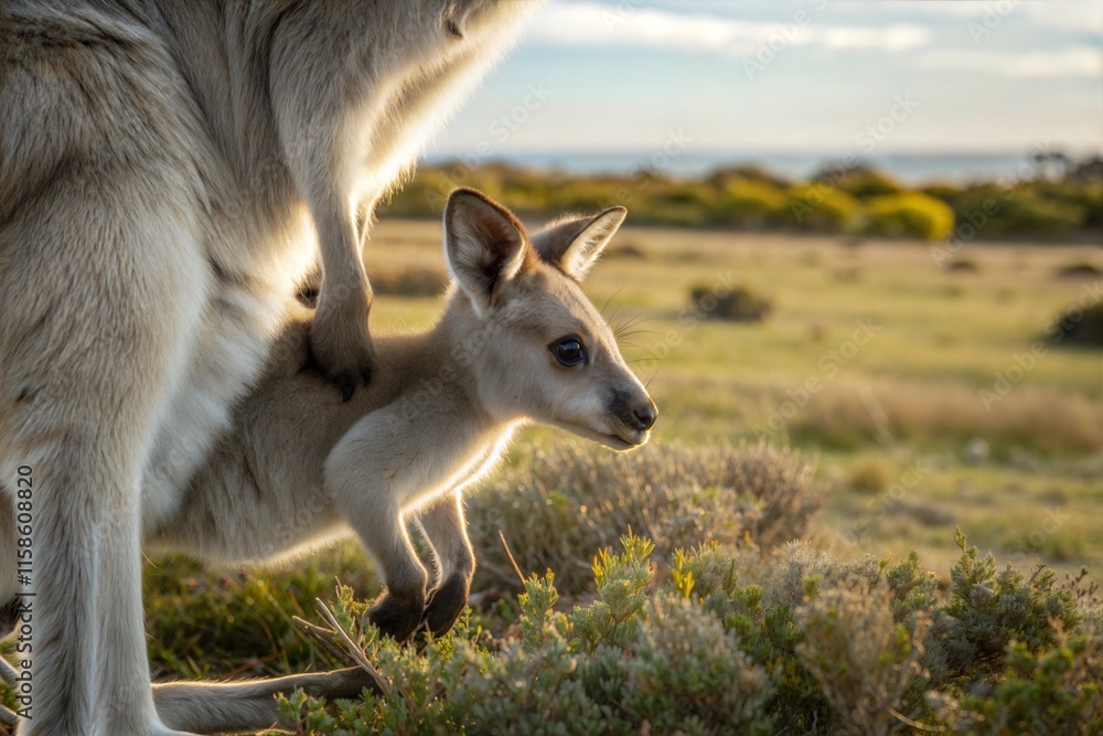 Obraz premium Wildlife animal, a young joey kangaroo, in close-up.